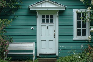 Fototapeta na wymiar White front door of green house, bench, side view