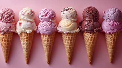 A row of colorful ice-cream cones with sprinkles on top, set on pink background. Each cone is filled with a different flavor, creating a vibrant and tempting display of frozen treats.