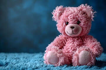 Un lindo oso de peluche rosa en un fondo azul. Detalle ideal para tarjeta de felicitacion, regalo de cumplea&ntilde;os