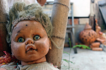 Scary horror doll Creepy doll Halloween concept, Close up of Ghost doll mystic in abandoned places...