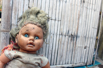 Scary horror doll Creepy doll Halloween concept, Close up of Ghost doll mystic in abandoned places...