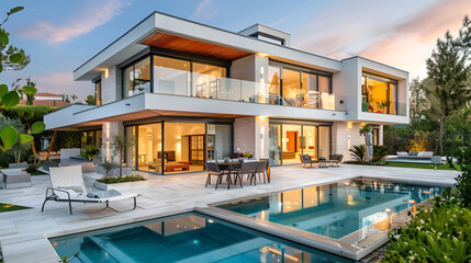 Fototapeta premium Apartment townhouse residential home architecture and outdoor facilities. Blue sky on the background,Stylish white and brown apartment complex,Elegant Simplicity: Unveiling the Stunning Exterior 