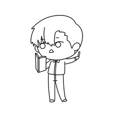 A boy is holding a book and is looking at the camera