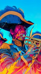 Fototapeta premium Mexican Mariachi, Charro outfit, Men wearing traditional elaborate suits, Playing music at a festive celebration, Clear sky, 3D render, Backlights, Vignette, Frontal view