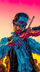 Obraz premium Mexican Mariachi, Charro outfit, Men wearing traditional elaborate suits, Playing music at a festive celebration, Clear sky, 3D render, Backlights, Vignette, Frontal view