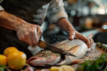 A person preparing fish or seafood on table, ingredients for cooking, delicious gourmet seafood dish, lifestyle and food, seafood, kitchen