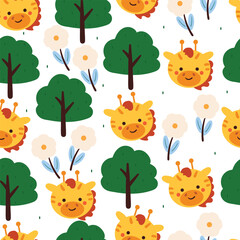 Fototapeta premium seamless pattern cartoon giraffe with flower, plant and tree. cute animal wallpaper for textile, gift wrap paper