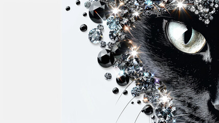 A close up of a cat's eye with a lot of glitter and diamonds surrounding it - obrazy, fototapety, plakaty