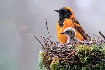 A orange bird is caring for its young in its nest, cub feeding for growth