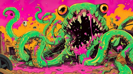 Octopus, discarded fishing nets, Seeking cleaner seas, 3D Render, Underwater lighting, Silhouette, HDR, Panoramic view