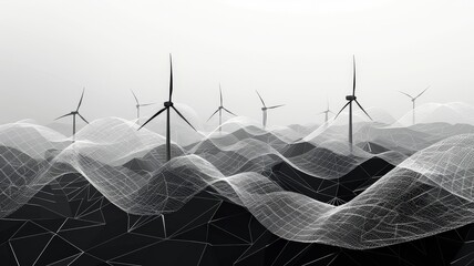 An artistic visualization of wind energy using fluid, organic forms that weave through an imagined landscape, blending technology with nature, - obrazy, fototapety, plakaty