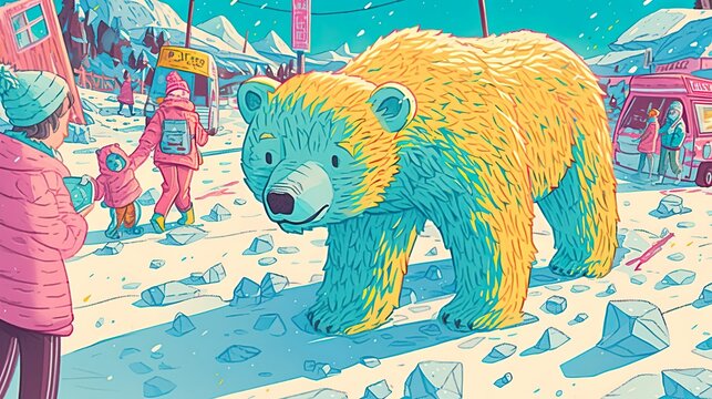 Polar bear, melting ice, teaching importance of recycling, in a vibrant educational setting, 3D render, Backlights, Depth of Field bokeh effect, Over-the-shoulder shot