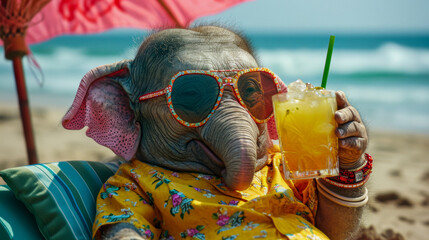 A elefant in human clothes lies on a sunbathe on the beach, on a sun lounger, under a bright sun umbrella - obrazy, fototapety, plakaty
