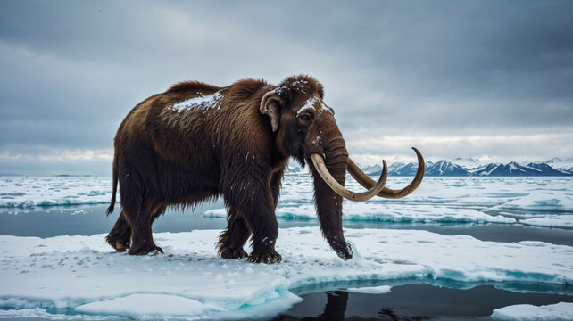 Majestic woolly mammoth standing on ice floes against snowy mountains backdrop. global climate change has led to the extinction of many animal species
