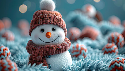 Photo of an adorable happy snowman with a knitted hat and scarf, surrounded by many small red, white, and orange Christmas balls against a blue background with a bokeh effect.