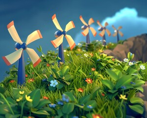 A dynamic illustration of wind turbines on a grassy hill with wildflowers, the blades in motion generating clean energy, - obrazy, fototapety, plakaty