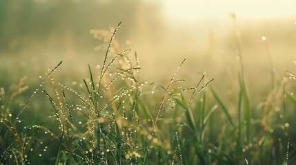 The morning dew clings to the grass like diamonds, sparkling in the sunlight.