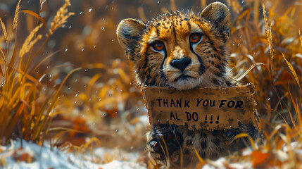A cheetah holding a sign that says thank you for all you do.