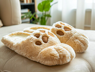 A pair of slippers with paw prints on them.