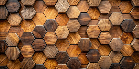 Abstract luxurious geometric hexagon wood background banner 3d texture background - Brown rustic rough wooden hexagonal shape decor wall panele wallpaper, seamless pattern - Powered by Adobe