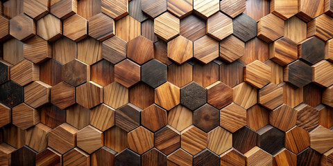 Abstract luxurious geometric hexagon wood background banner 3d texture background - Brown rustic rough wooden hexagonal shape decor wall panele wallpaper, seamless pattern