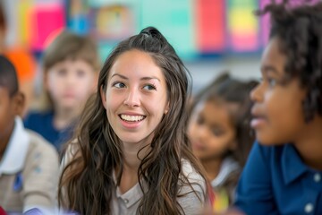 Obraz premium Passionate Educator Inspiring Eager Students to Discover Knowledge and Embrace Learning in Diverse Classroom Setting
