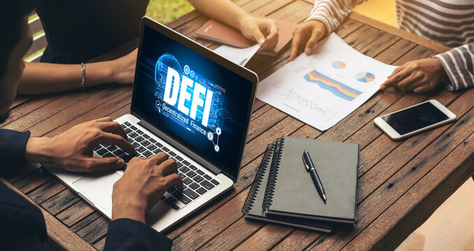 Decentralized finance or DeFi concept on modish computer screen . The defi system give new choice of investment and money saving .