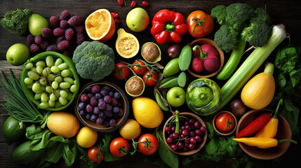 Overhead view of fruits and vegetables on table