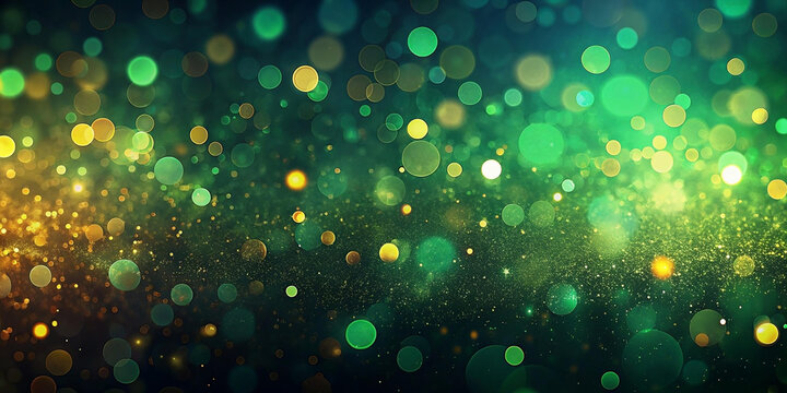 Party background banner panorama illustration - Abstract gold firework fireworks on dark green texture with bokeh lights