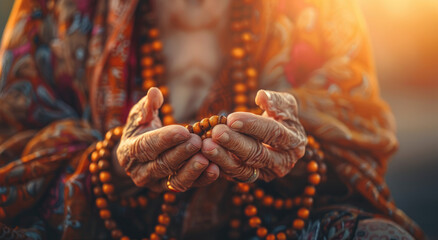 Close up of hands holding prayer beads, an old woman praying in the style of Buddhism and yoga concept on a blurred background