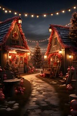 Christmas landscape with wooden houses, garland lights and Christmas decorations.