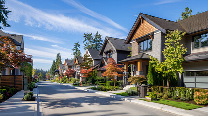 suburb with row of houses, each one unique,Row of double story suburban homes. Photo taken on a partly cloudy day, custom made luxury house with nicely trimmed and landscaped front yard in the subrub
