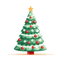 Christmas tree with red balls and star, flat vector illustration isolated on white background.