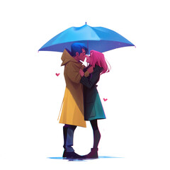 romantic couple under blue umbrella isolated on transparent background