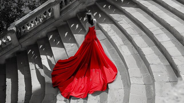Capture a stunning black & white photo from a birds-eye view showcasing the elegance of a vibrant red dress Utilize intricate details and contrast to make the dress pop