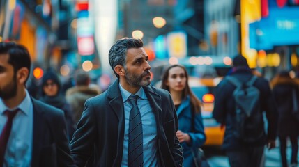 Team of executives walking through a busy city street, deep in conversation about a high-stakes negotiation 