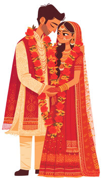 recommend clip art: illustration of an Indian bride and groom in traditional attire isolated on transparent background