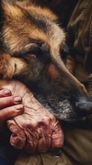 A dog is hugging a man's hand.