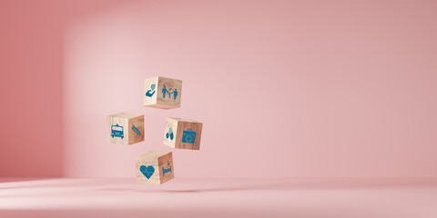 Health insurance concept. healthcare medical wooden cube block with icon, health and access to...