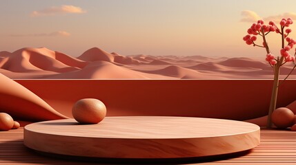 Abstract minimal geometric forms. Glossy podium for product presentation in desert.