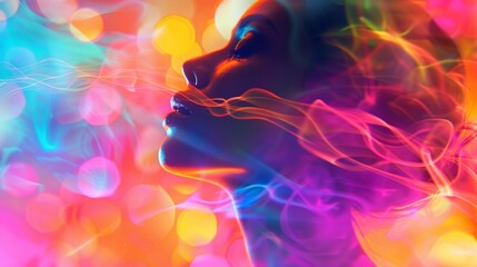 Obraz premium A womans face is shown with vibrant colors in the background