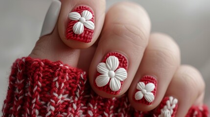 A womans hand showcasing a vibrant red and white manicure design