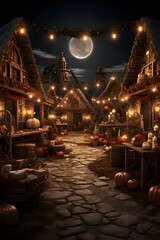 Halloween night scene with haunted house and full moon 3d illustration