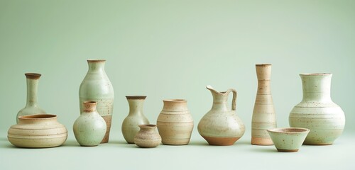A set of artisanal, hand-thrown pottery, each piece showcasing a unique glaze and shape, arranged against a light, earthy green solid background, emphasizing the warmth.