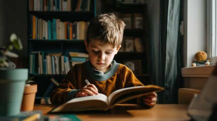 A child sitting at a desk and reading a book quietly. 