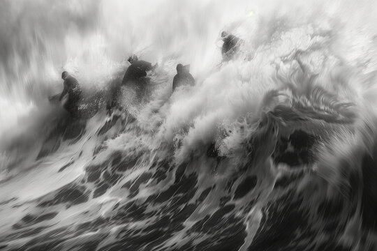 Silhouettes of people surviving in stormy ocean or in wild river. Black and white art, blur art photography style illustration.