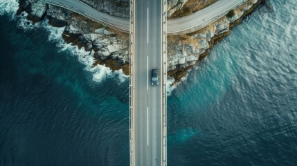 Aerial view of a car driving on a bridge over the ocean along the coast in Norway, capturing the vastness and beauty of nature in the style of drone photography