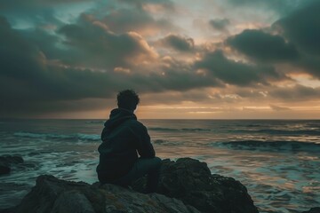 A man sits on a rock overlooking the ocean - Powered by Adobe