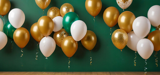 White and gold balloons on a green background, Birthday party card background