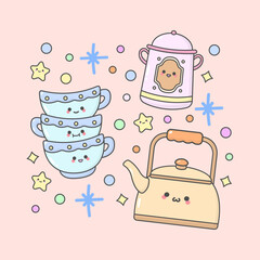 Kitchen Utensil tea cup jar kettle with cute facial expressions and pastel colour